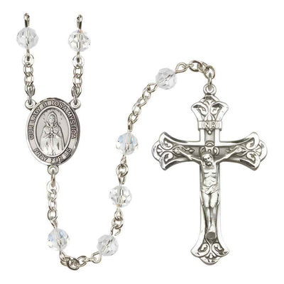 Our Lady of Rosa Mystica Rosary with Sterling Silver Scroll Crucifix and Centerpiece, Birthstone 6mm Austrian Crystal Clear Crystal Beads for April