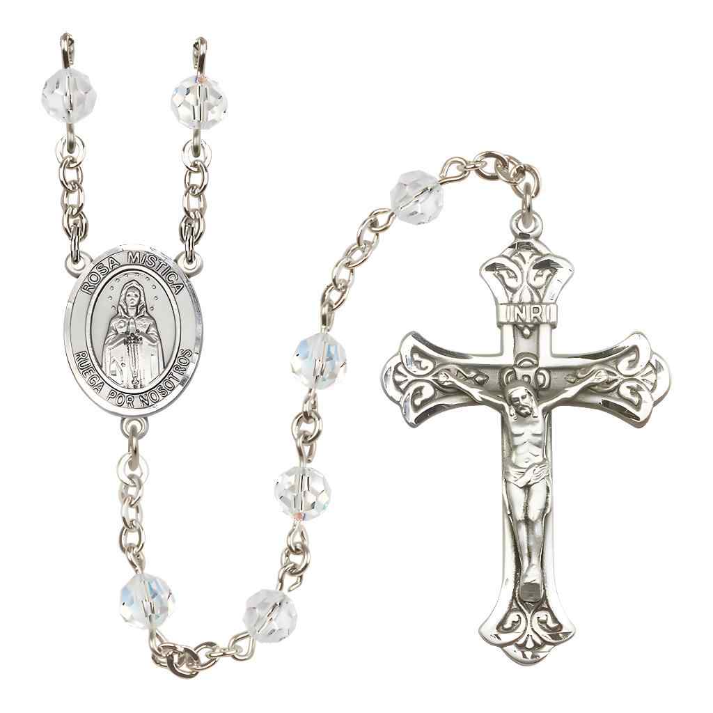 Spanish Rosa Mystica Rosary with Sterling Silver Scroll Crucifix and Centerpiece, Birthstone 6mm Austrian Crystal Clear Crystal Beads for April