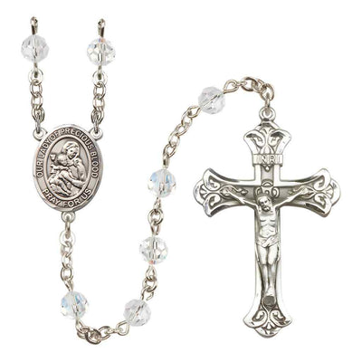 Our Lady of the Precious Blood Rosary with Sterling Silver Scroll Crucifix and Centerpiece, Birthstone 6mm Austrian Crystal Clear Crystal Beads for April