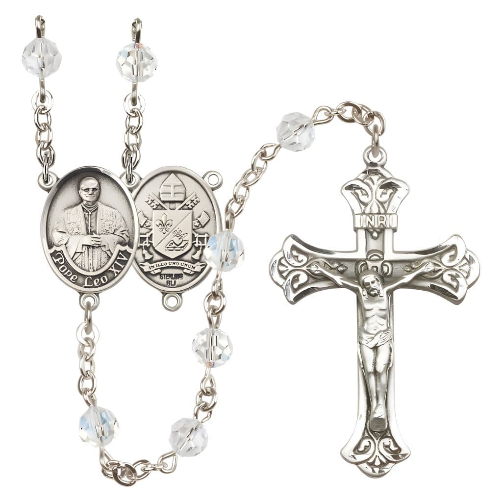 Bliss Pope Leo XIV Engravable Rosary with Sterling Silver Scallop Edge Crucifix and Centerpiece, Birthstone 6mm Austrian Crystal Clear Crystal Beads for April