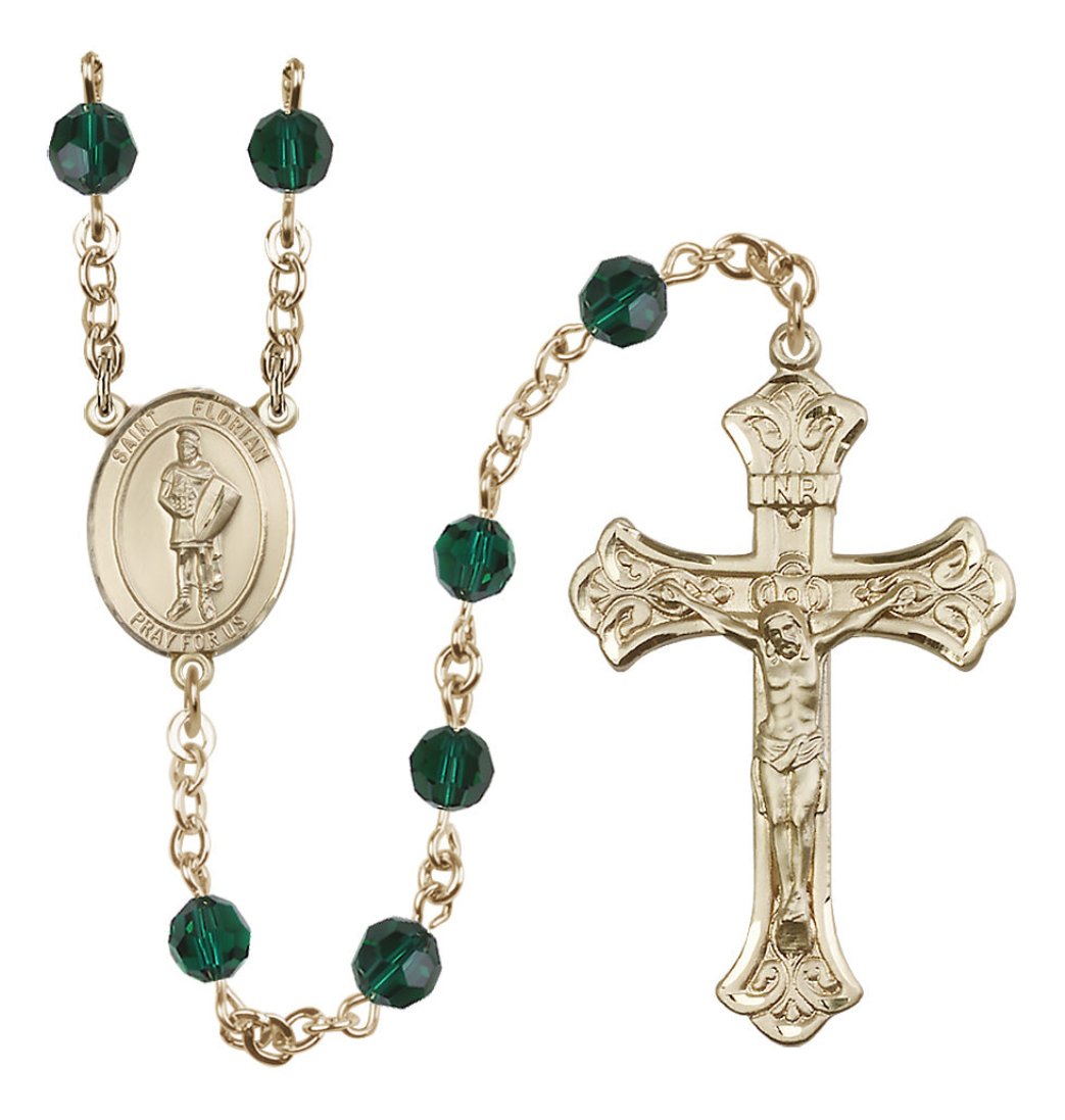 Bliss Manufacturing St Florian Gold-filled Crystal Flared Crucifix Birthstone Rosary in Emerald,