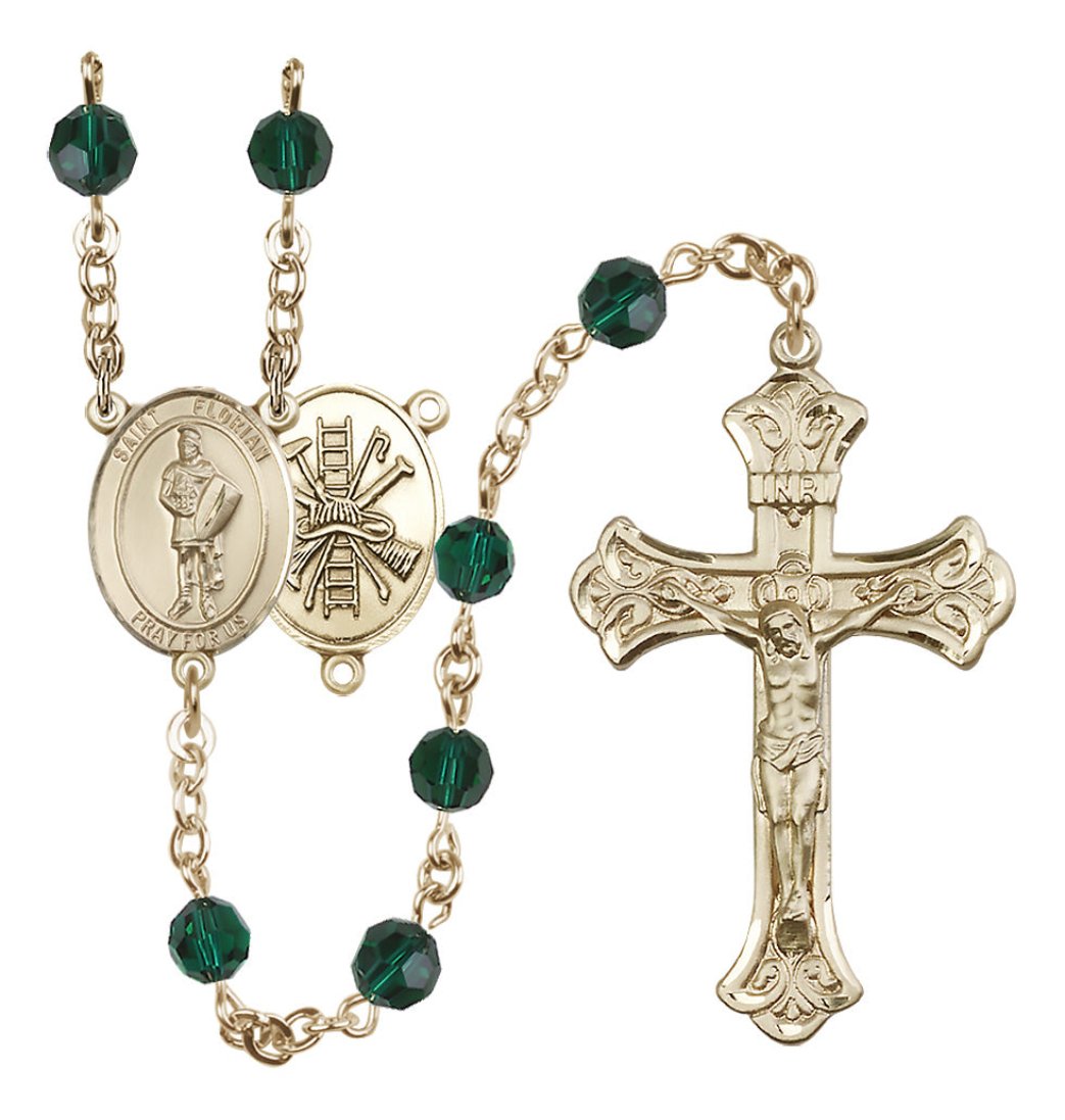 Bliss St Florian Firefighter Gold-filled Crystal Flared Crucifix Rosary in Emerald May Birthstone,