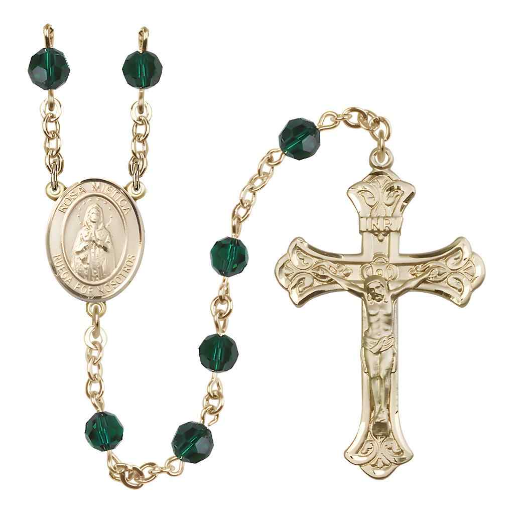 Rosa Mystica Rosary with Gold-filled Scroll Crucifix and Centerpiece, Birthstone 6mm Austrian Crystal Emerald Beads for May