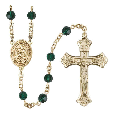 Our Lady of the Precious Blood Rosary with Gold-filled Scroll Crucifix and Centerpiece, Birthstone 6mm Austrian Crystal Emerald Beads for May