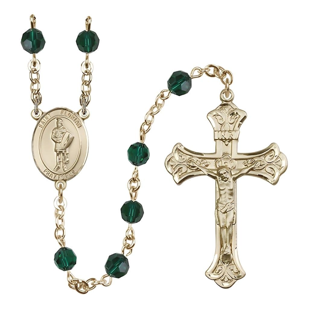 Bliss St. Florian 14kt Gold Scalloped Tip Crucifix Crystal Rosary with Emerald Beads,