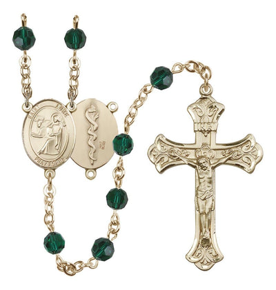 Doctor St Luke 14kt Gold Flared Tip Crucifix Crystal Rosary in Emerald/May, Bliss Manufacturing