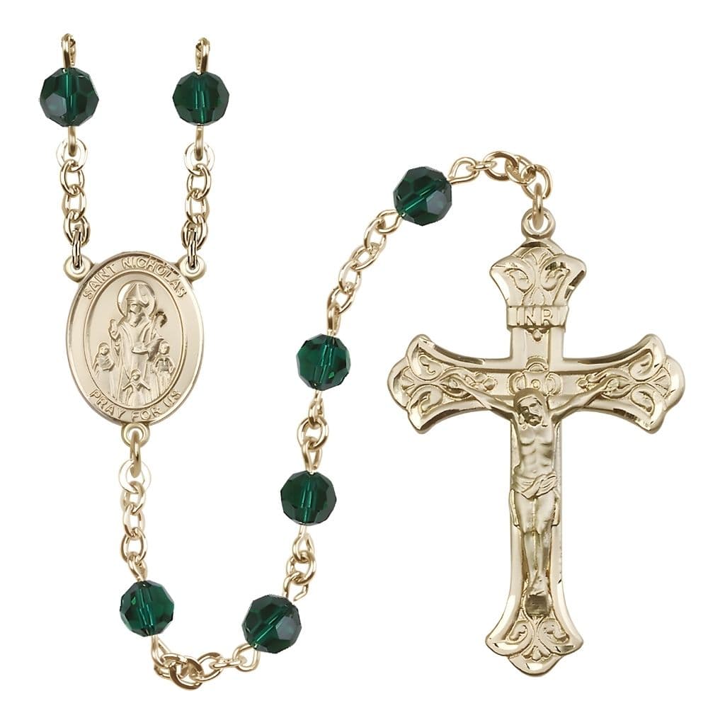 Bliss St. Nicholas Engravable Rosary with 14kt Gold Centerpiece and Scroll Design Crucifix, May Birthstone 6mm Emerald Austrian Crystal Beads