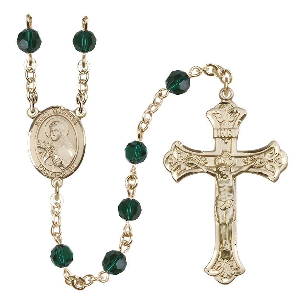 Bliss St. Theresa Emerald 6mm Austrian Crystal May Birthstone 14kt Gold Rosary with Centerpiece and Scroll Design Crucifix