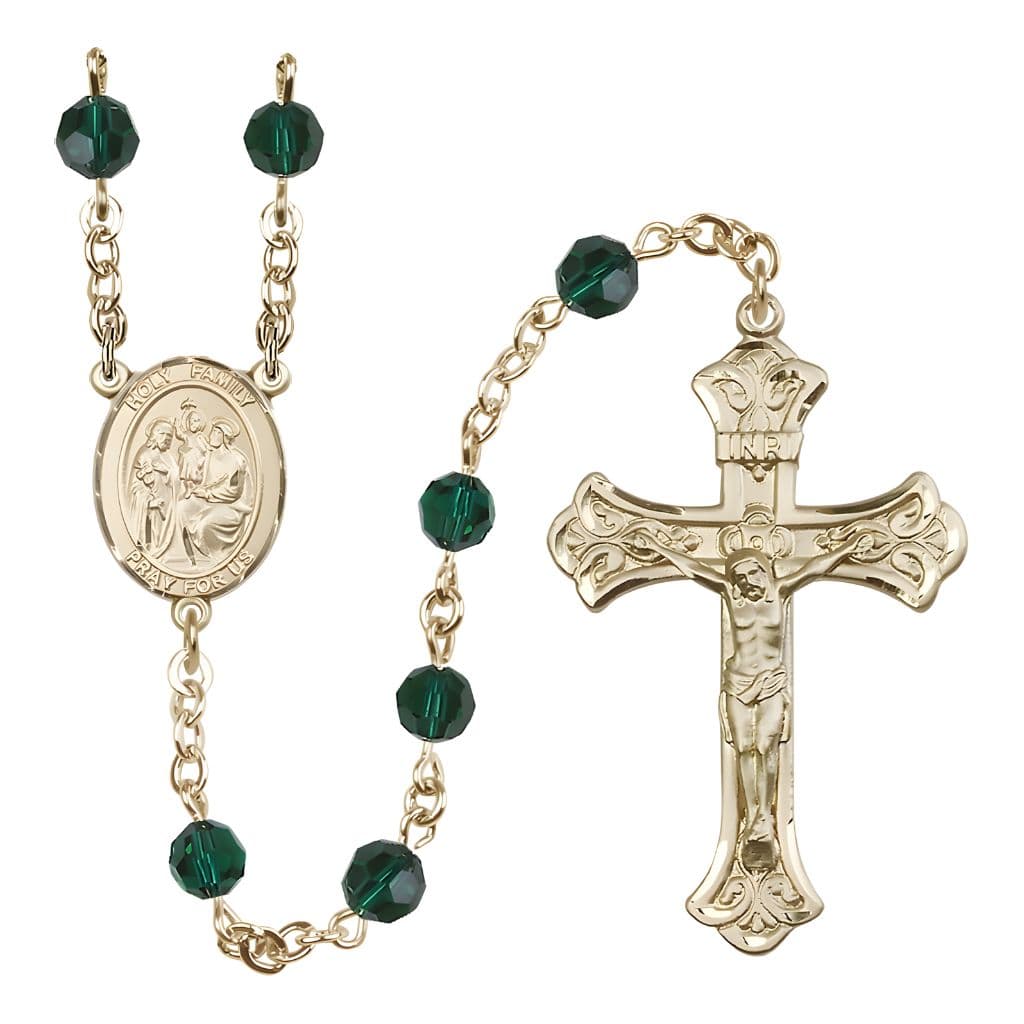 Bliss Holy Family Engravable Rosary with 14kt Gold Crucifix and Centerpiece, Birthstone 6mm Austrian Crystal Emerald Beads for May