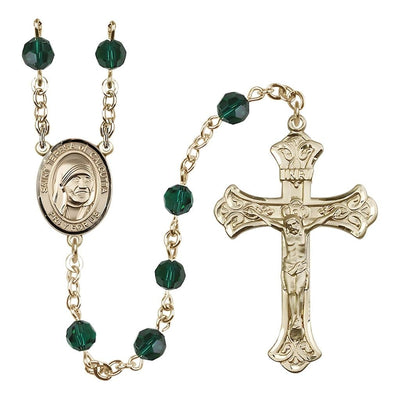 St. Teresa of Calcutta Crystal 14kt Gold Rosary with 6mm Emerald Austrian crystal beads, Bliss Manufacturing