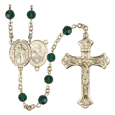 Jesus Divine Mercy Engravable Rosary with 14kt Gold Scroll Crucifix and Centerpiece, Birthstone 6mm Austrian Crystal Emerald Beads for May, Bliss Manufacturing