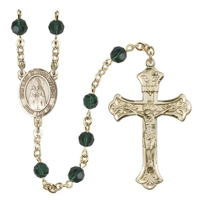 Our Lady of Rosa Mystica Rosary with 14kt Gold Scroll Crucifix and Centerpiece, Birthstone 6mm Austrian Crystal Emerald Beads for May