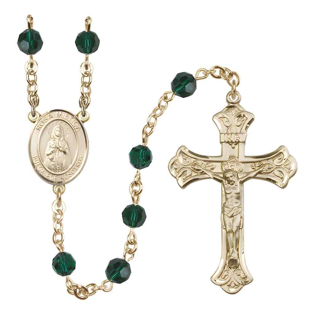 Rosa Mystica Rosary with 14kt Gold Scroll Crucifix and Centerpiece, Birthstone 6mm Austrian Crystal Emerald Beads for May | Bliss Manufacturing