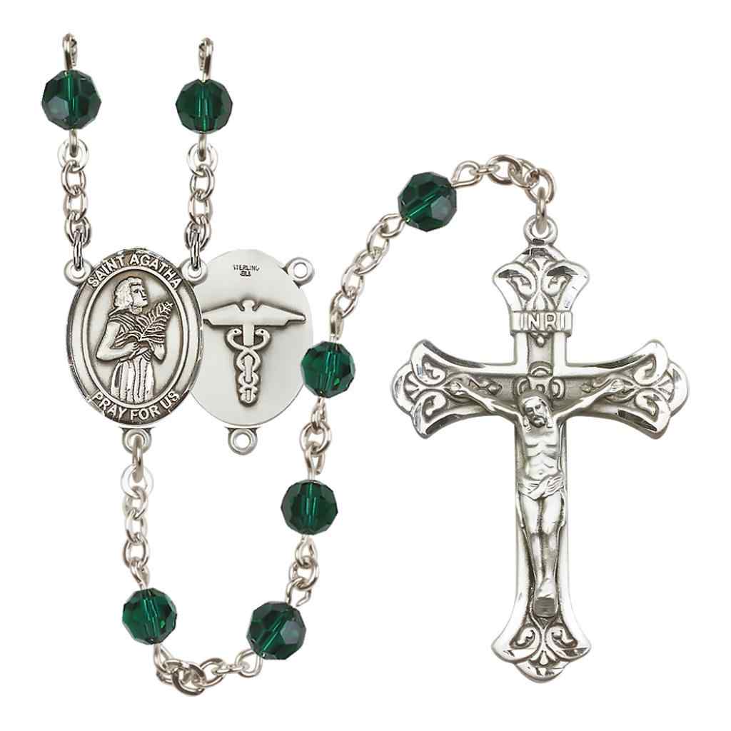 St. Agatha Nurse Sterling Silver 6mm Austrian Crystal Rosary