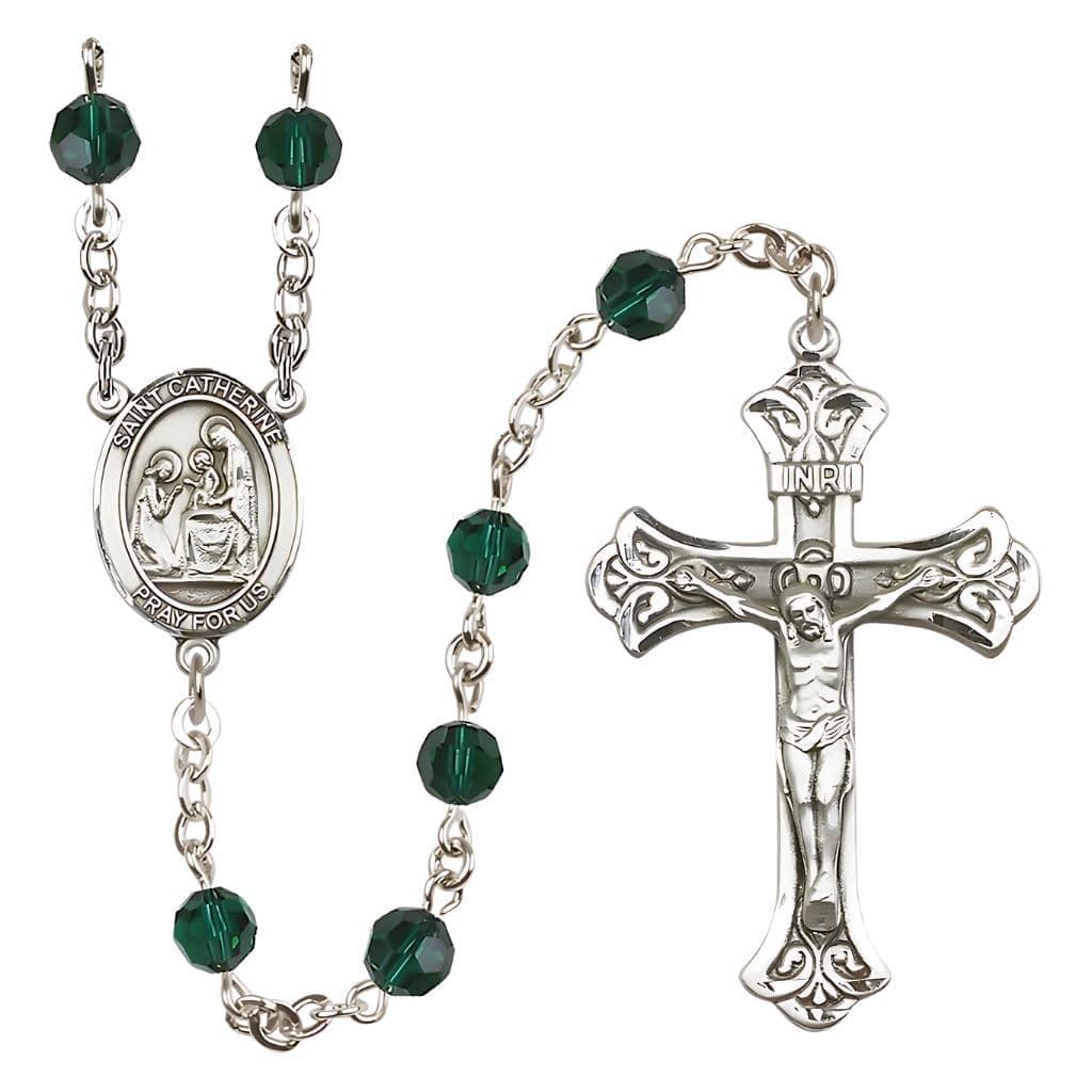 Bliss St. Catherine of Siena Engravable Rosary with Sterling Silver Crucifix and Centerpiece, Birthstone 6mm Austrian Crystal Emerald Beads for May