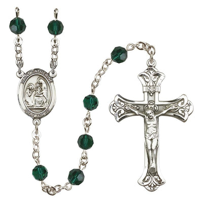 St. Catherine of Siena Engravable Rosary with Sterling Silver Crucifix and Centerpiece, Birthstone 6mm Austrian Crystal Emerald Beads for May, Bliss Manufacturing