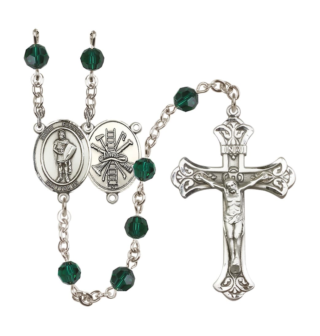 May Emerald Bliss Manufacturing St Florian Firefighter Sterling Silver Crystal Flared Crucifix Birthstone Rosary,