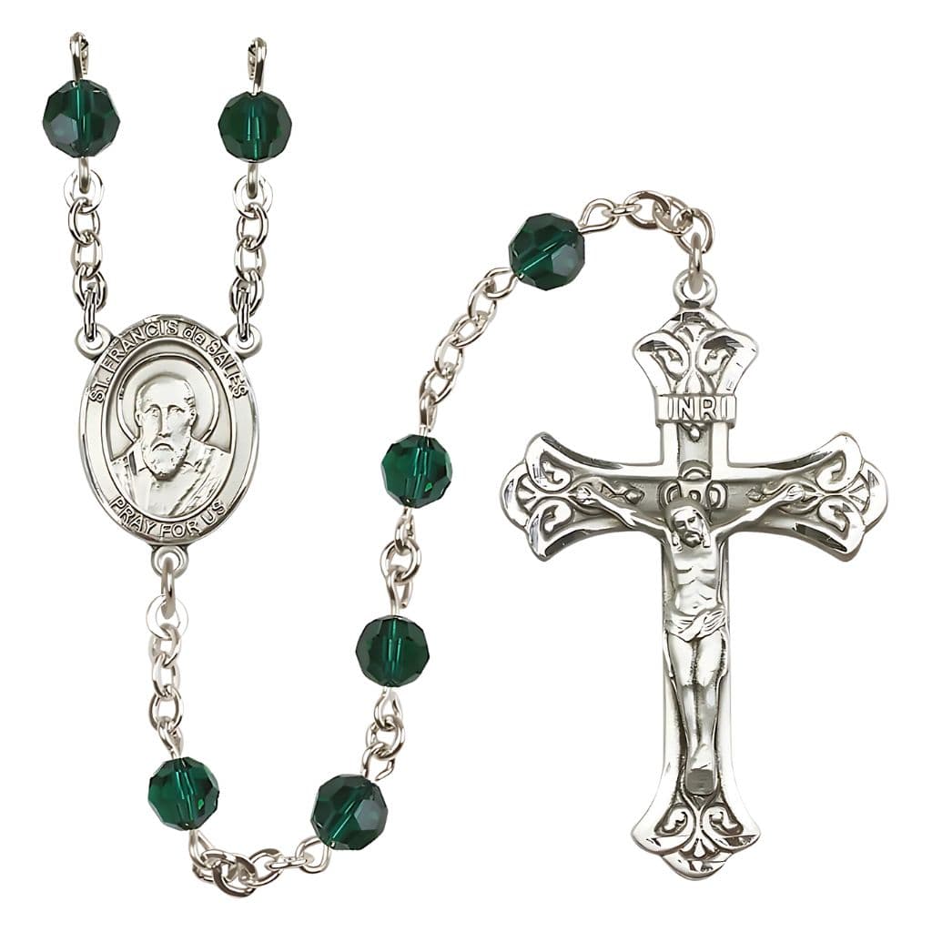 Bliss St. Francis de Sales Rosary with 6mm Emerald Austrian Crystal Beads and Sterling Silver in gift box,
