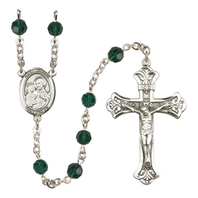 St. Joseph Rosary with Sterling Silver Scroll Crucifix and Centerpiece, Birthstone 6mm Austrian Crystal Emerald Beads for May