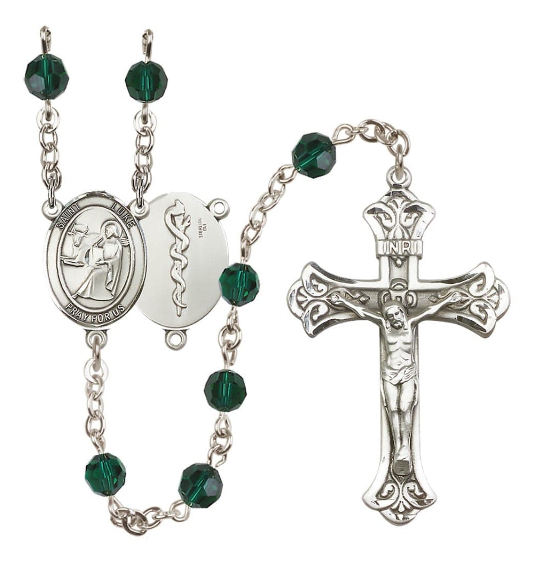 Bliss Doctor St Luke Sterling Silver Crystal Flared Crucifix Rosary in Emerald,