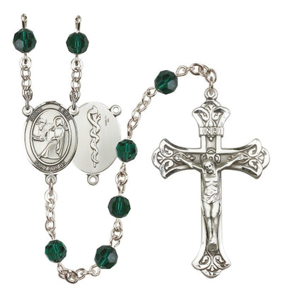 Doctor St Luke Sterling Silver Crystal Flared Crucifix Rosary in Emerald, Bliss Manufacturing