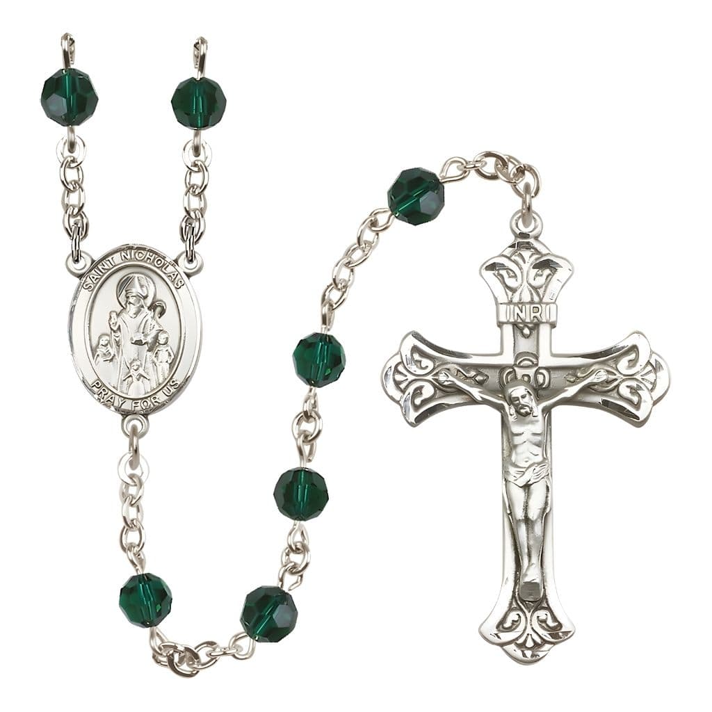 Bliss St. Nicholas Engravable Rosary with Sterling Silver Centerpiece and Scroll Design Crucifix, May Birthstone 6mm Emerald Austrian Crystal Beads