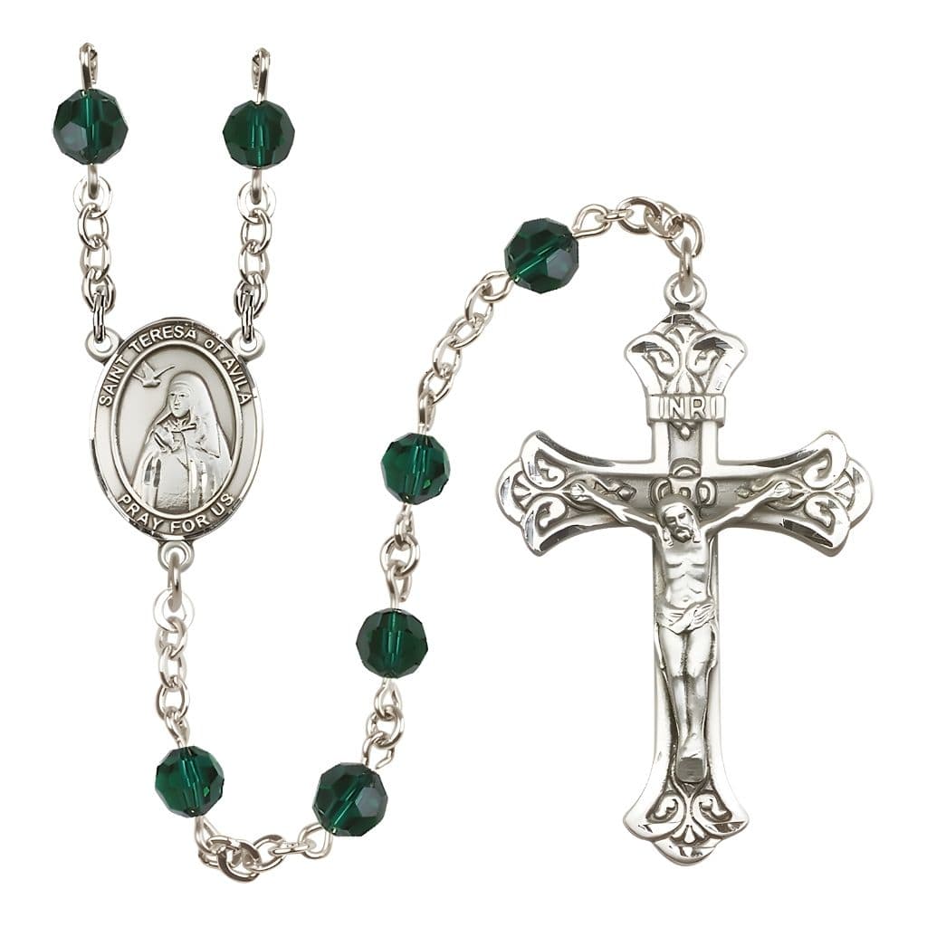 Bliss St. Teresa of Avila 6mm 
Emerald Austrian Crystal Birthstone Sterling Silver Rosary