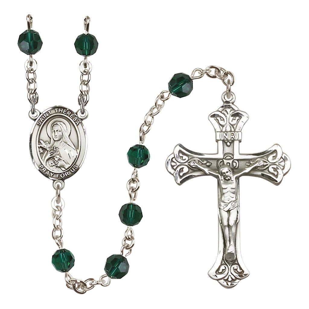 Bliss St. Theresa Emerald 6mm Austrian Crystal May Birthstone Sterling Silver Rosary with Sterling Centerpiece and Scroll Design Crucifix