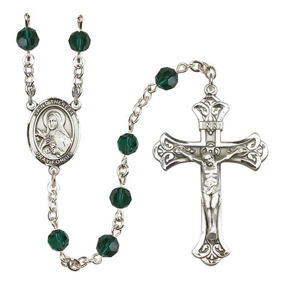 St. Theresa Emerald 6mm Austrian Crystal May Birthstone Sterling Silver Rosary with Sterling Centerpiece and Scroll Design Crucifix, Bliss Manufacturing