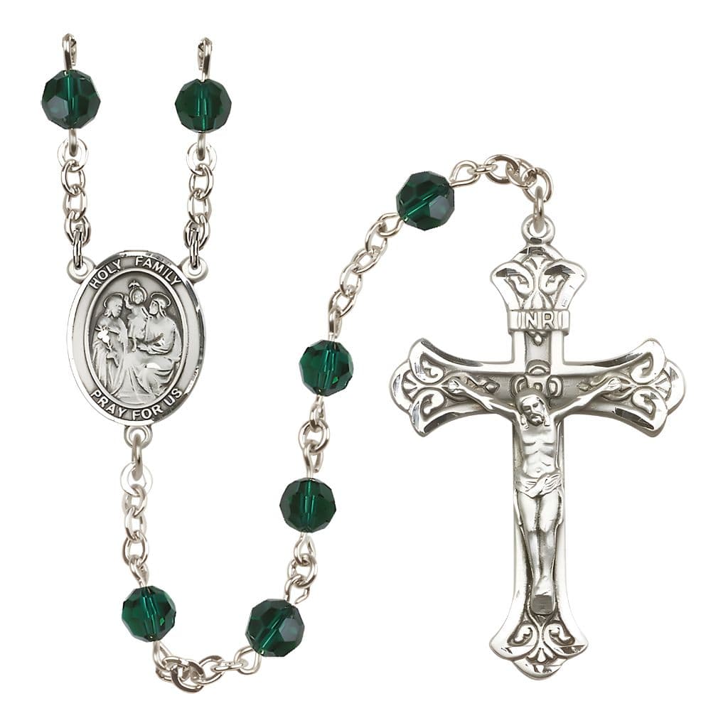Bliss Holy Family Engravable Rosary with Sterling Silver Crucifix and Centerpiece, Birthstone 6mm Austrian Crystal Emerald Beads for May