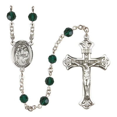 Holy Family Engravable Rosary with Sterling Silver Crucifix and Centerpiece, Birthstone 6mm Austrian Crystal Emerald Beads for May, Bliss Manufacturing