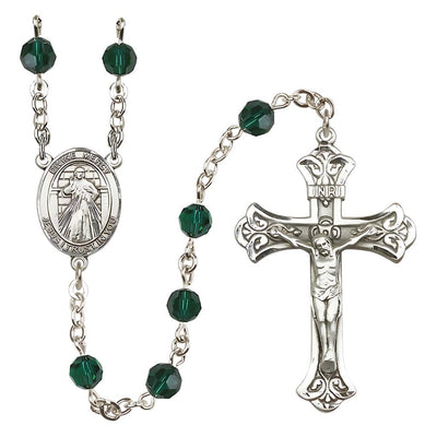 Jesus Divine Mercy Engravable Rosary with Sterling Silver Scroll Crucifix and Centerpiece, Birthstone 6mm Austrian Crystal Emerald Beads for May, Bliss Manufacturing