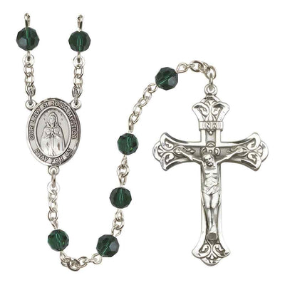 Our Lady of Rosa Mystica Rosary with Sterling Silver Scroll Crucifix and Centerpiece, Birthstone 6mm Austrian Crystal Emerald Beads for May