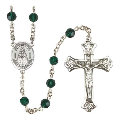 Spanish Rosa Mystica Rosary with Sterling Silver Scroll Crucifix and Centerpiece, Birthstone 6mm Austrian Crystal Emerald Beads for May