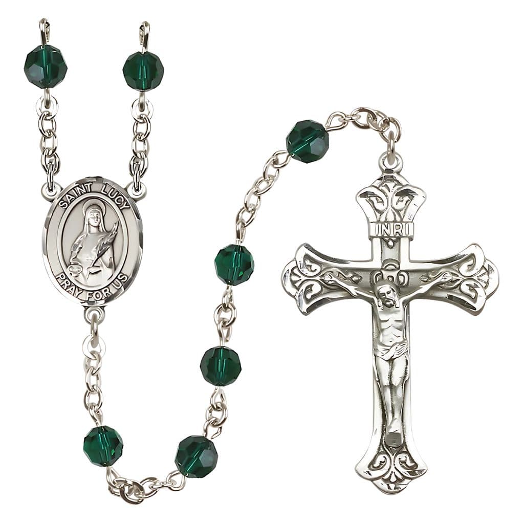 Bliss St. Lucy Rosary with 6mm Emerald Austrian Crystal Beads and Sterling Silver in gift box,
