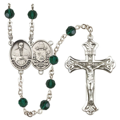 Pope Leo XIV Engravable Rosary with Sterling Silver Scallop Edge Crucifix and Centerpiece, Birthstone 6mm Austrian Crystal Emerald Beads for May, Bliss Manufacturing