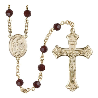 St. Joseph Rosary with Gold-filled Scroll Crucifix and Centerpiece, Birthstone 6mm Austrian Crystal Garnet Beads for January
