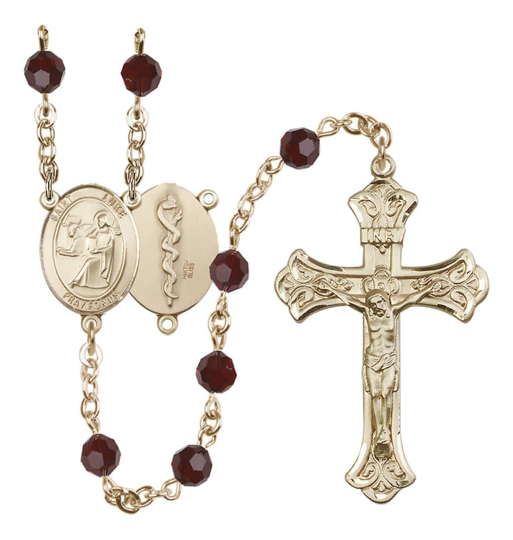 Bliss Doctor St Luke Gold-filled Crystal Flared Crucifix Rosary in Garnet,