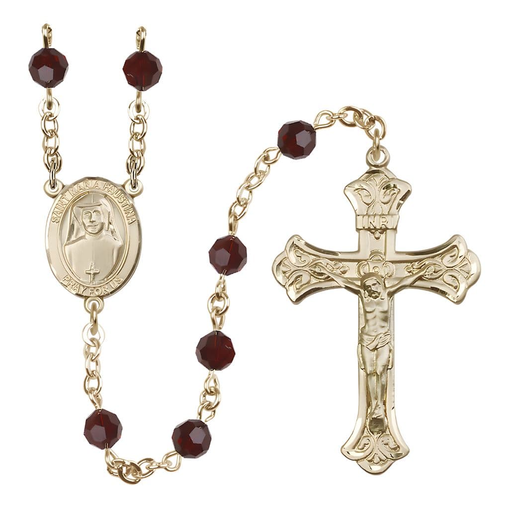 Bliss St. Maria Faustina Gold-filled Engraveable Birthstone Rosary with 6mm Austrian Crystal Beads in Garnet,