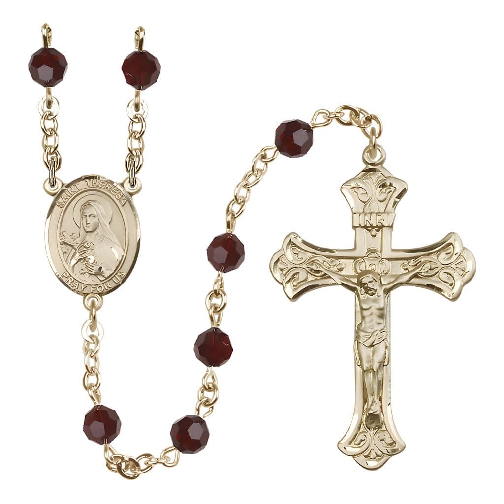 Bliss St. Theresa Garnet 6mm Austrian Crystal January Birthstone Gold-filled Rosary with 14kt Gold-filled Centerpiece and Scroll Design Crucifix