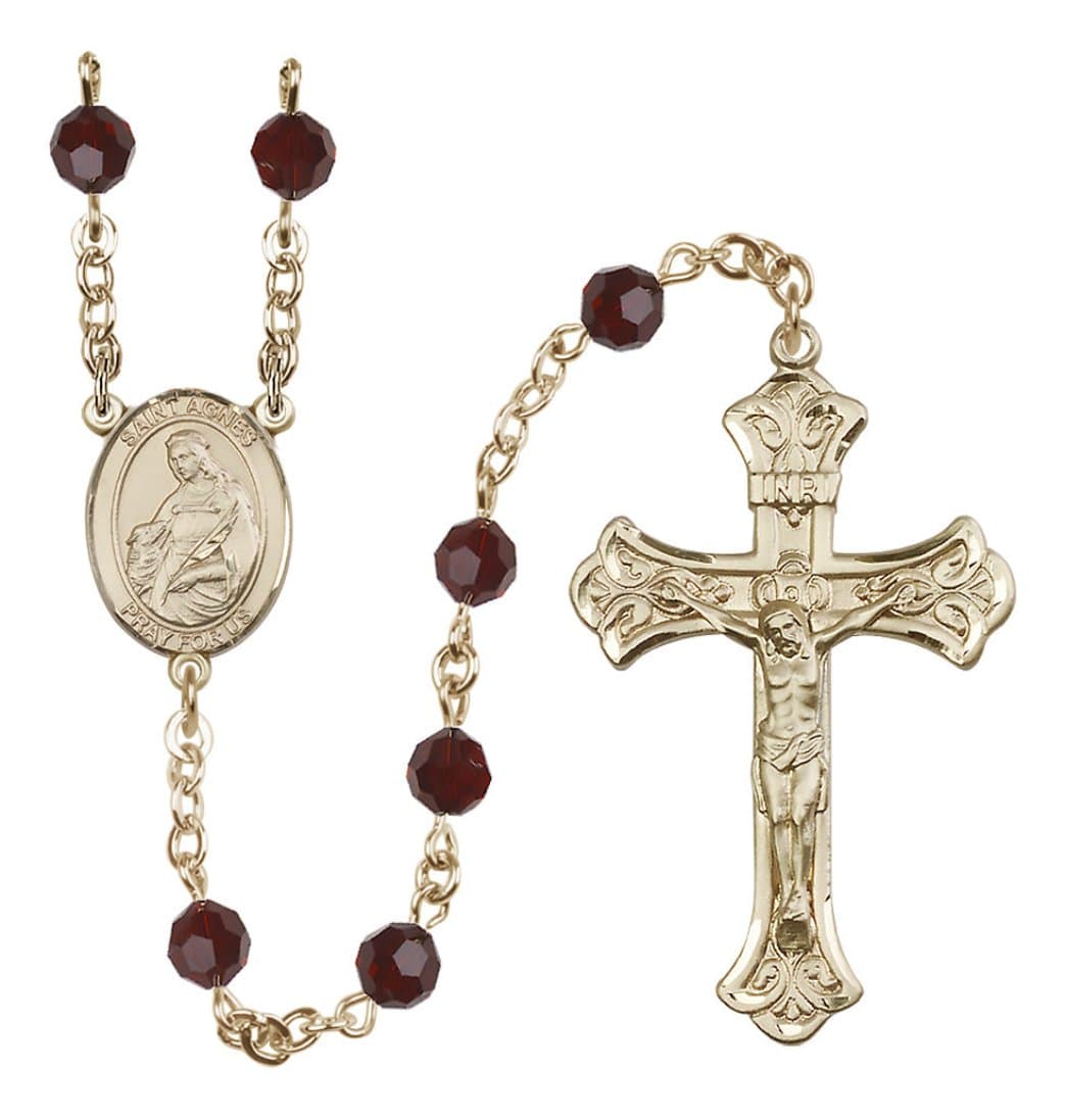 Bliss 14kt Gold 6mm Austrian Crystal Saint Agnes of Rome Rosary in Garnet,