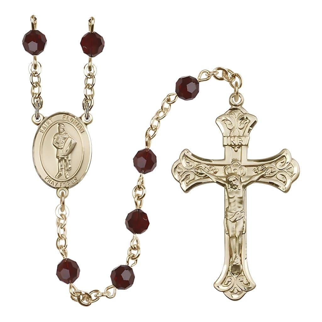 Bliss St. Florian 14kt Gold Scalloped Tip Crucifix Crystal Rosary with Garnet Beads,
