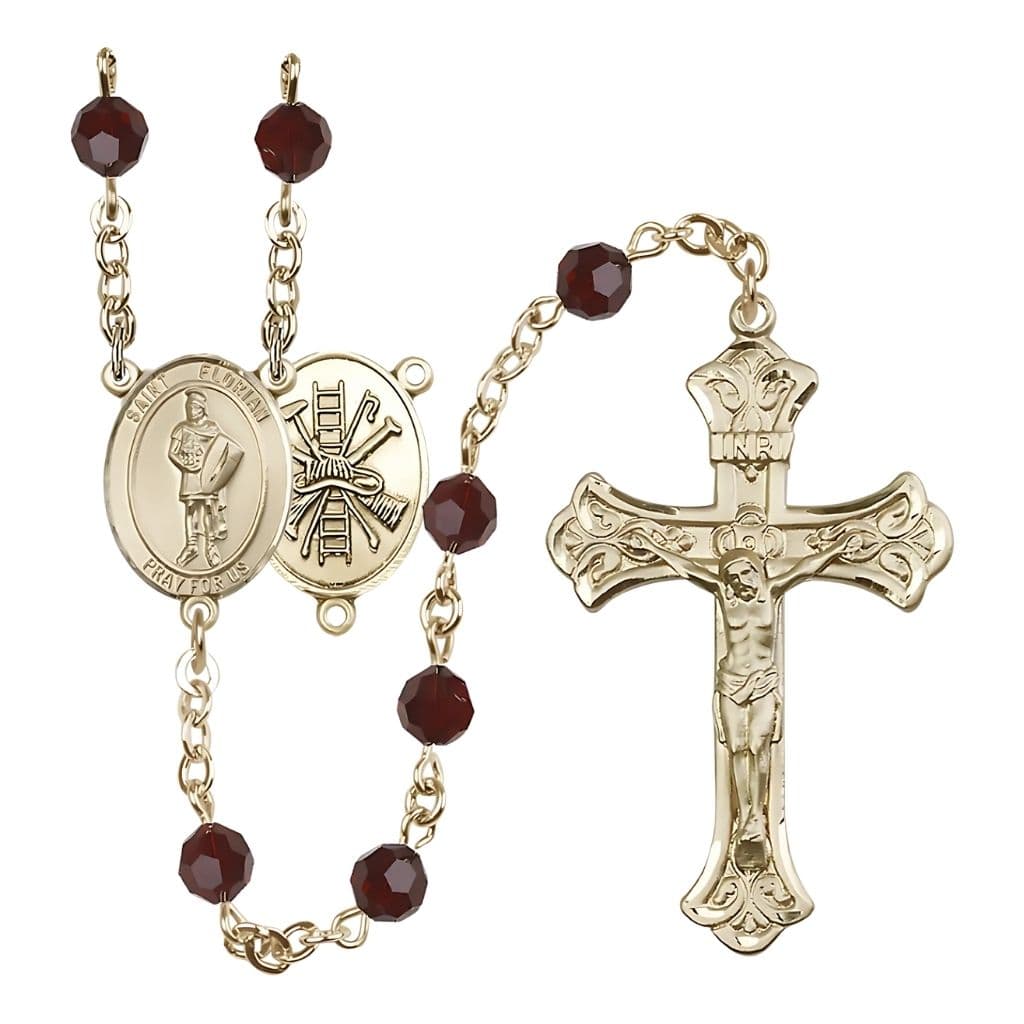 Bliss St. Florian Firefighter 14kt Gold Scroll Flared Tip Crucifix Crystal Rosary in Garnet