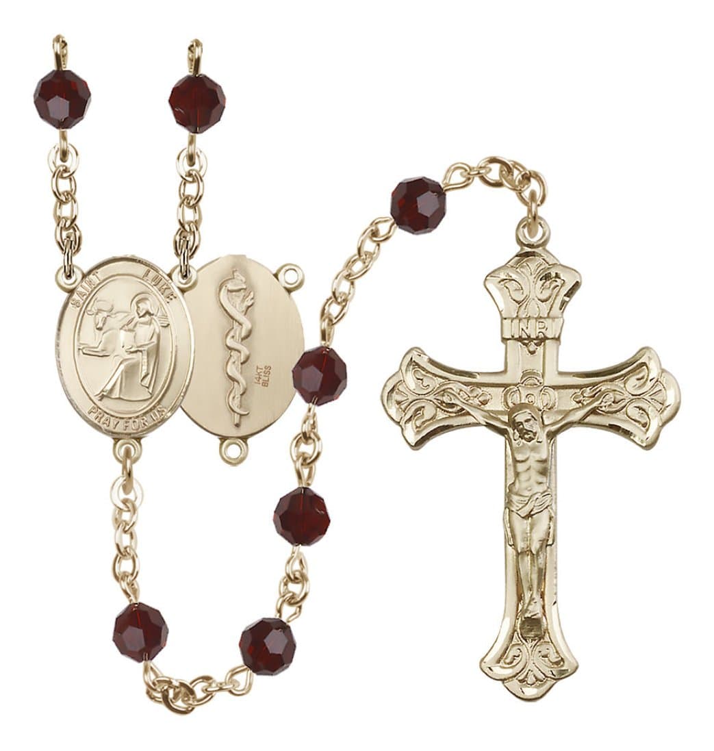 Bliss Doctor St Luke 14kt Gold Flared Tip Crucifix Crystal Rosary in Garnet/Jan,