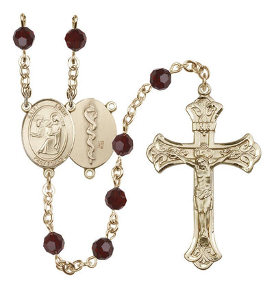 Doctor St Luke 14kt Gold Flared Tip Crucifix Crystal Rosary in Garnet/Jan, Bliss Manufacturing