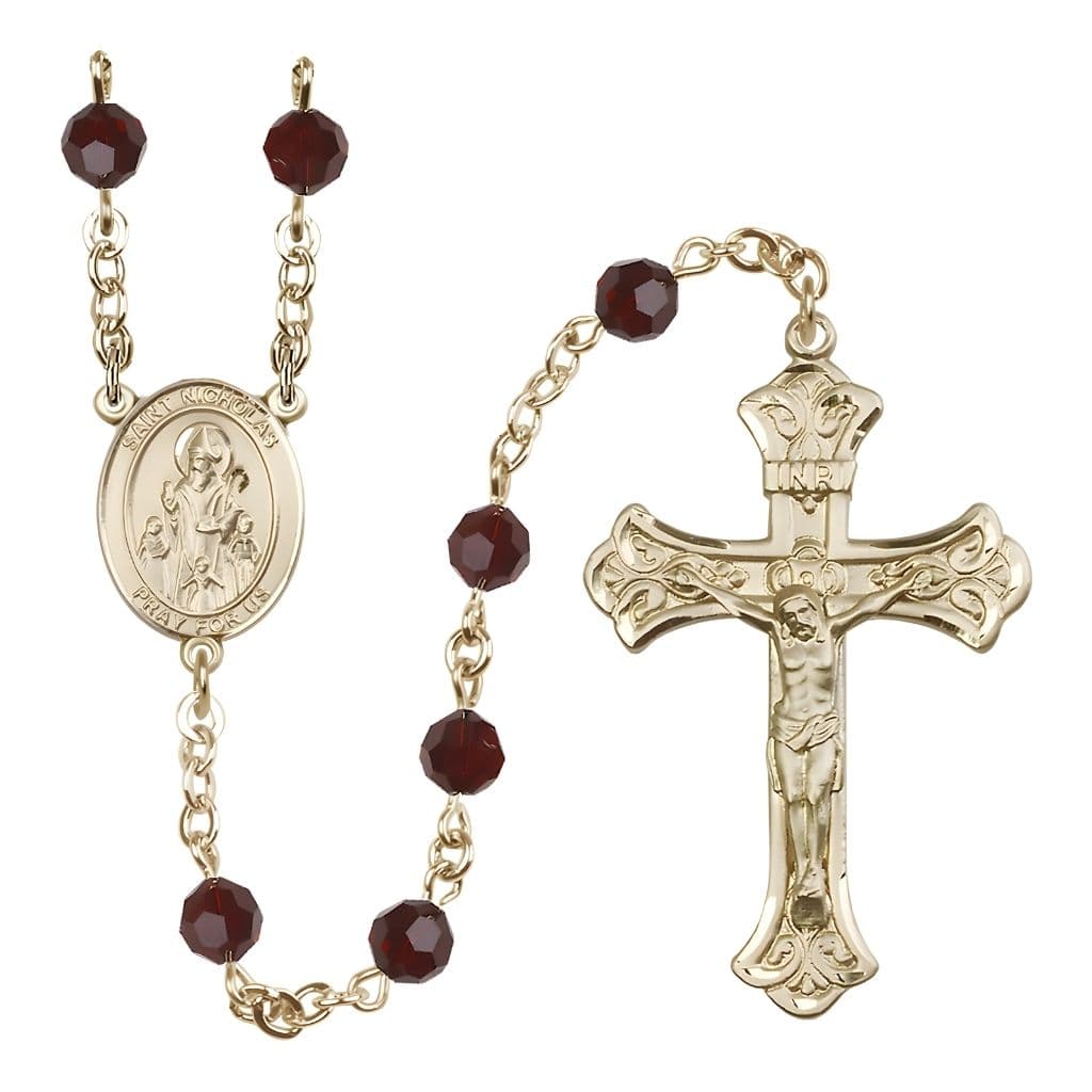 Bliss St. Nicholas Engravable Rosary with 14kt Gold Centerpiece and Scroll Design Crucifix, January Birthstone 6mm Garnet Austrian Crystal Beads