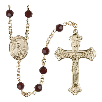St. Therese of Lisieux 6mm Garnet Austrian Crystal Birthstone 14kt Gold Rosary with Scroll Design Crucifix, Bliss Manufacturing