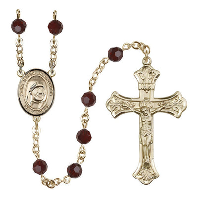 St. Teresa of Calcutta Crystal 14kt Gold Rosary with 6mm Garnet Austrian crystal beads, Bliss Manufacturing