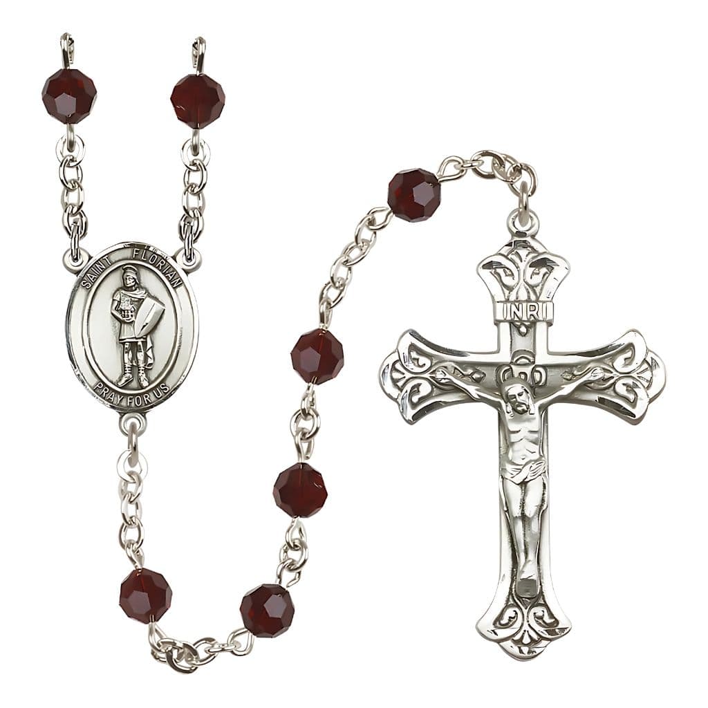 Bliss St Florian Sterling Silver Crystal Flared Crucifix Rosary in Garnet January Birthstone,