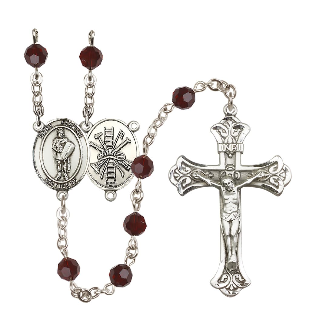 January Garnet Bliss Manufacturing St Florian Firefighter Sterling Silver Crystal Flared Crucifix Birthstone Rosary,